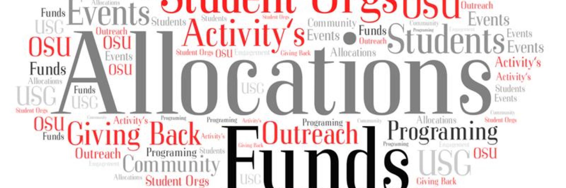 Allocations word cloud, scarlet, gray, and black text displaying the words: Allocations, Student Orgs, OSU, USG, Outreach, Programming, Giving Back, Activity's, Engagement, Funds, and Community